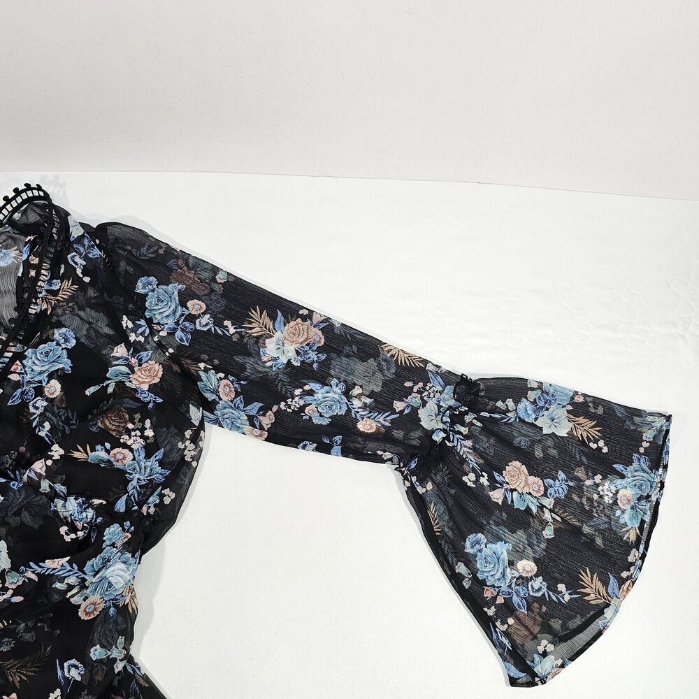 WHBM Black Floral Sheer Peplum Blouse & Camisole Size M Romantic Bell Sleeve - Picture 7 of 9